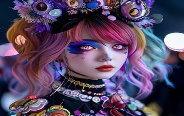 色轮眼Cosplay现场照片，玩家佩戴六色渐变美瞳配合专业彩妆，在动漫展现场展示色轮眼妆容效果